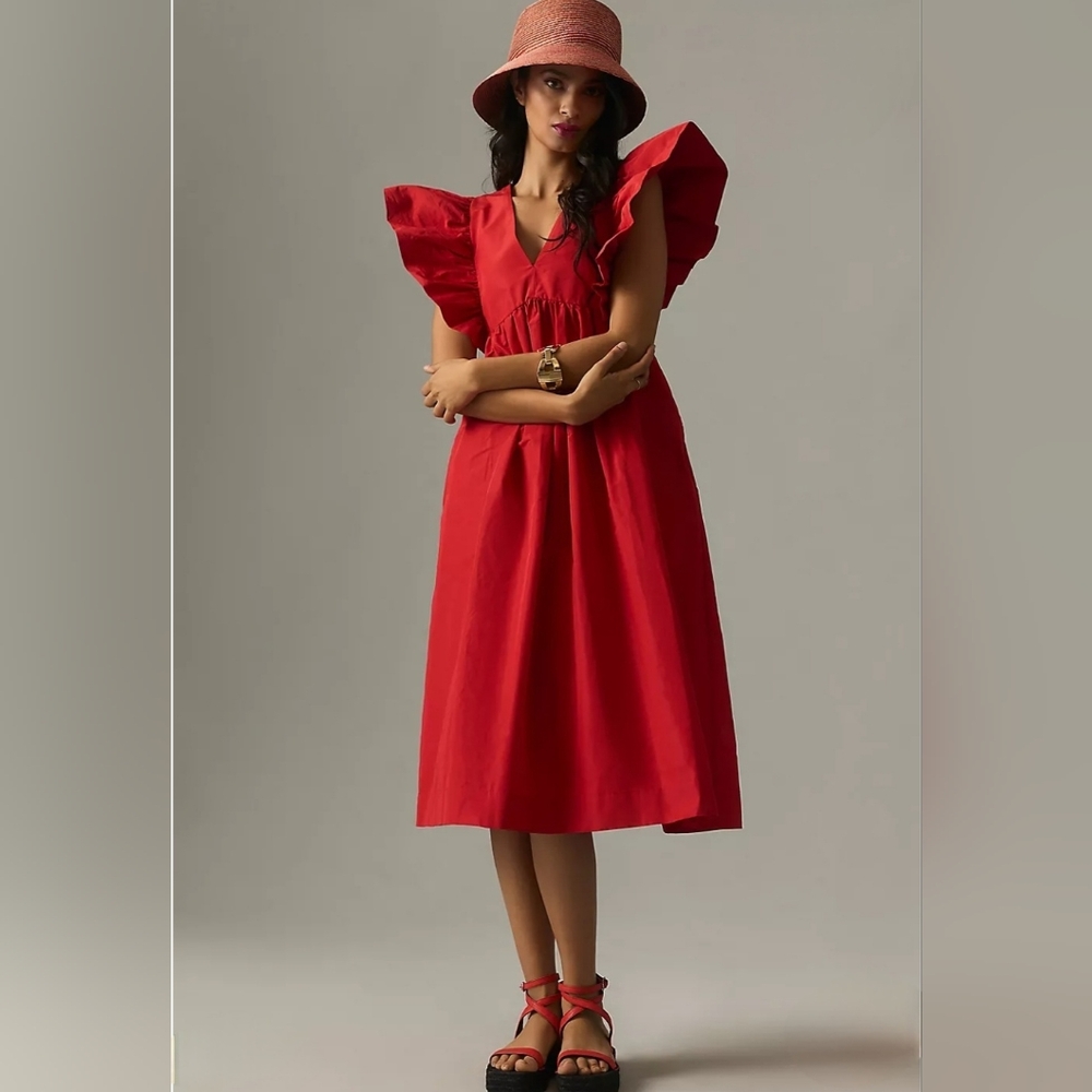 Maeve Red Midi Dress with Statement Ruffled Sleeves